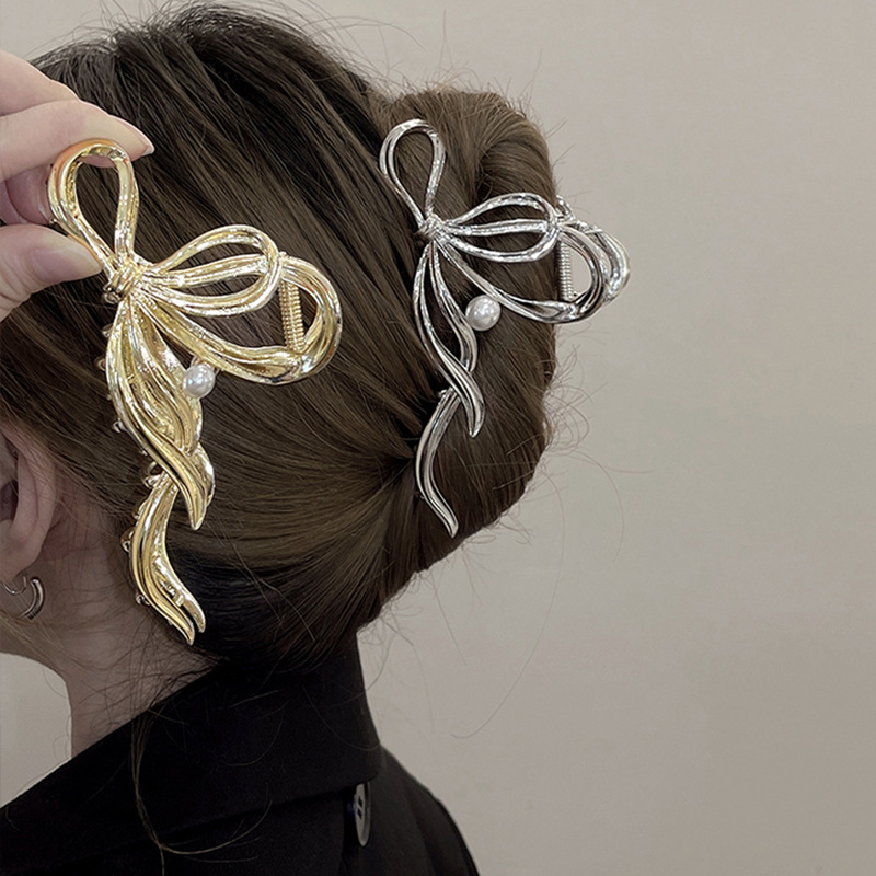 Hair Clip Claw Large - Fashion Elegant Women Bow Pearl Hair